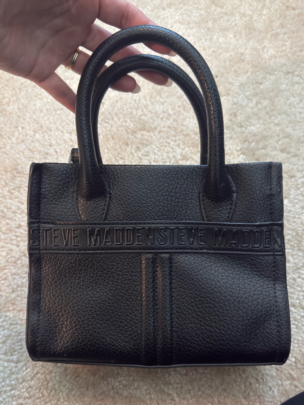 Steve Madden Black Pebbled Mini Tote Bag with Logo Band
